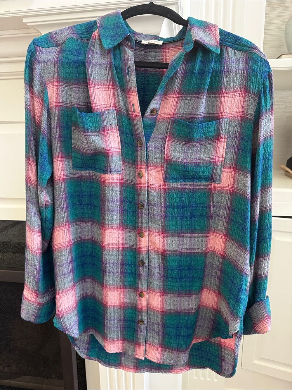 Pilcro Plaid Button-Down Oversized Shirt in Teal, Pink, Purple